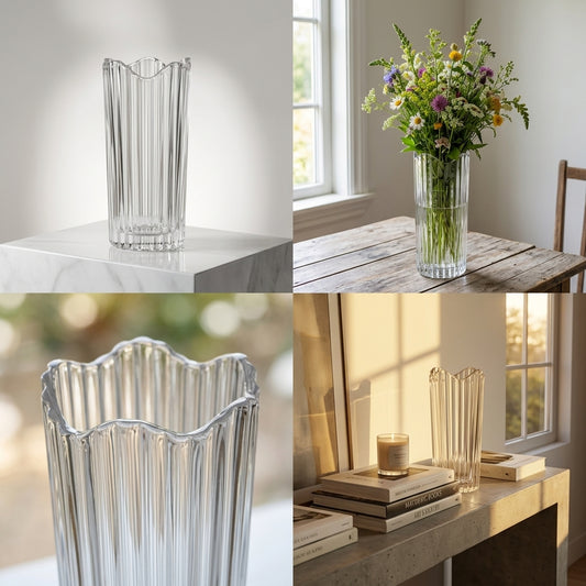 A clear ribbed glass vase with a flared scalloped rim shown in four lifestyle and studio-style scenes: on a white pedestal, in a bouquet of flowers on a wooden table, close-up, and styled on a console table with books and a candle.