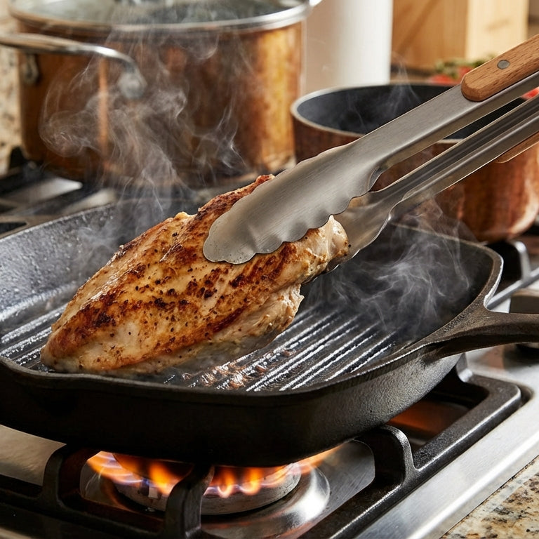 Person using tongs to place a piece of chicken onto a hot pan on a stove.