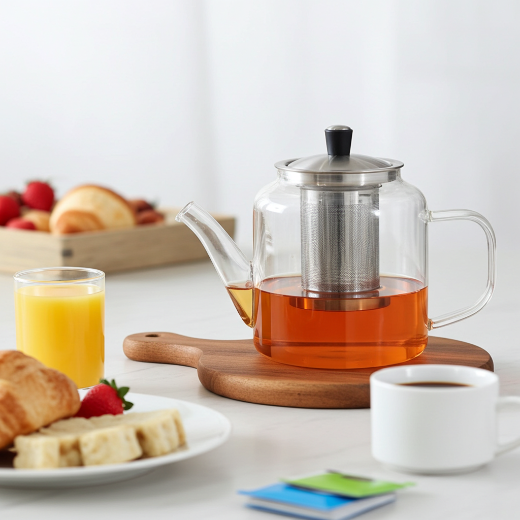 Clear glass teapot with tea on a wooden cutting board, surrounded by breakfast items like croissants and juice.