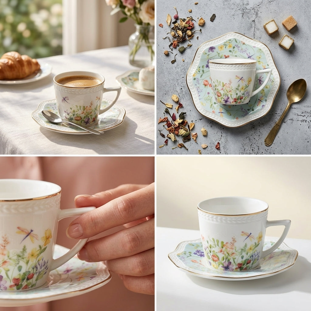 A four-panel collage showing a floral porcelain cup and saucer set in different lifestyle contexts: a cup of coffee on a table, a top-down tea setting on a gray surface, a hand holding the cup, and the cup alone on a clean white surface.