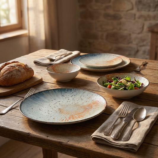 Dining table setting with ceramic plates, bowls, bread, and salad in a rustic kitchen.