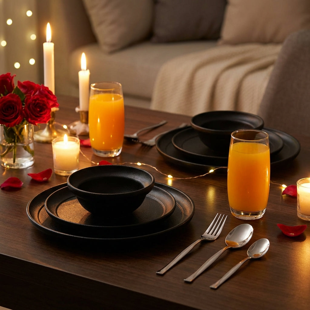 Dinner table setting with black plates, glasses of orange juice, and candles in a cozy indoor setting.