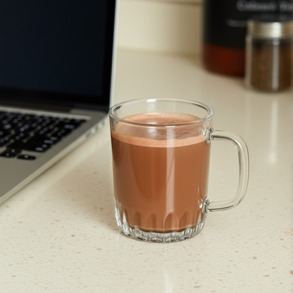 Glass mug of hot chocolate on a kitchen counter with a laptop in the background