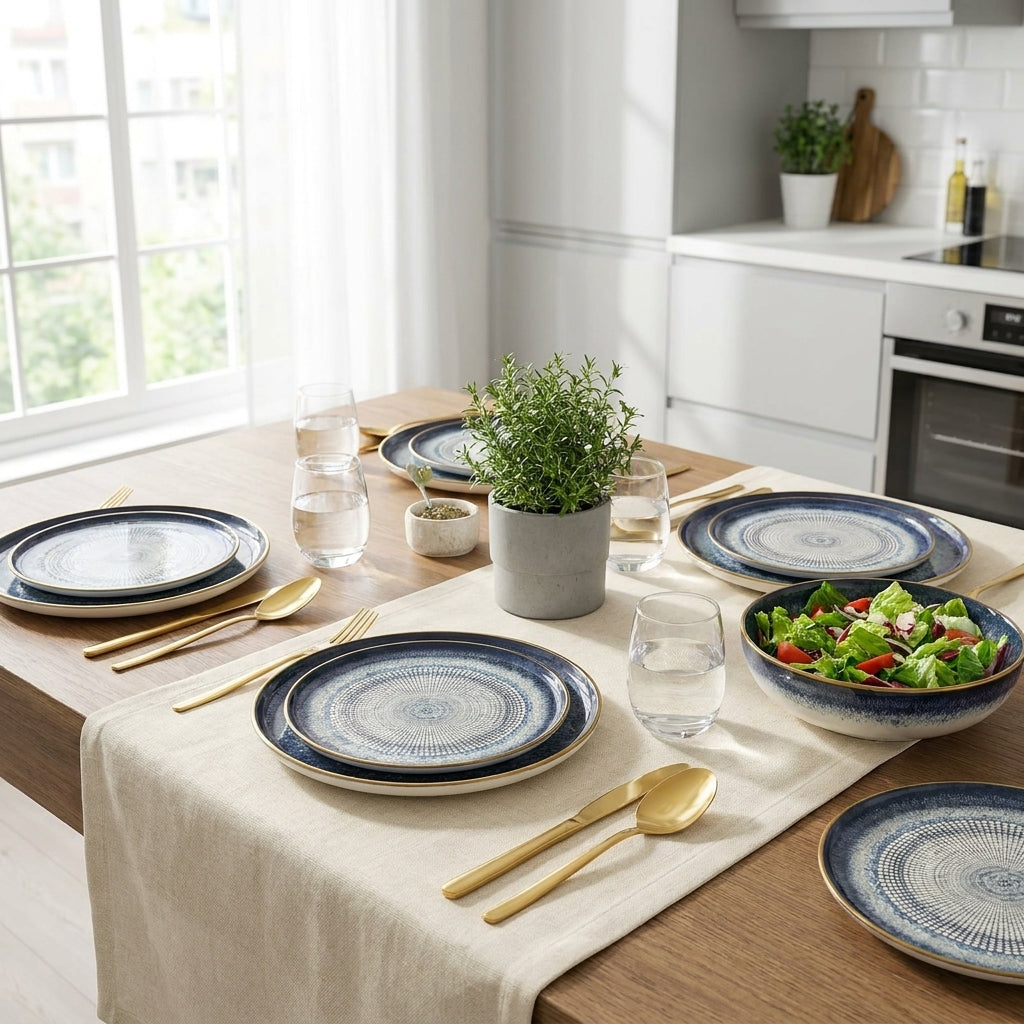 Dining table set with blue plates, gold cutlery, and a salad in a modern kitchen.