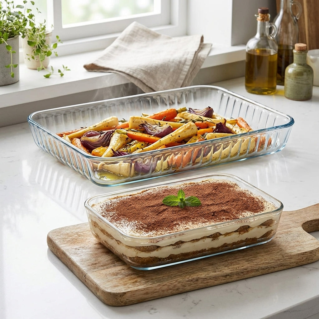 Two glass baking dishes on a kitchen counter, one with roasted vegetables and the other with tiramisu.