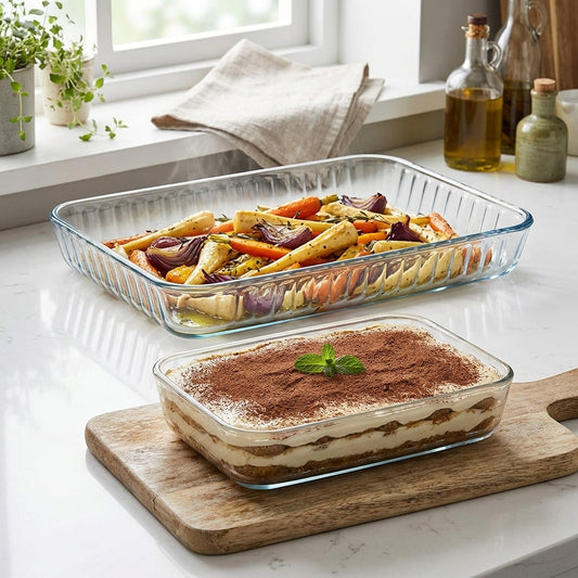 Two glass baking dishes on a kitchen counter, one with roasted vegetables and the other with tiramisu.