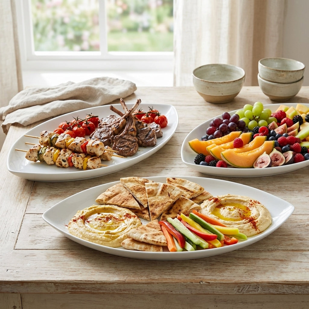 Diverse food platter with hummus, pita, and skewers on a wooden table.