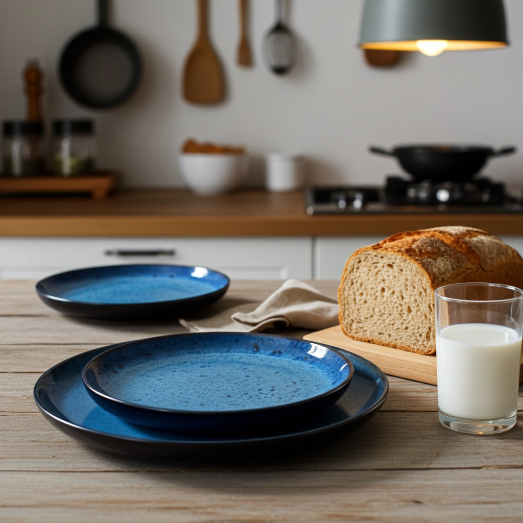 Blue ceramic plates on a wooden table with bread and milk in a kitchen setting