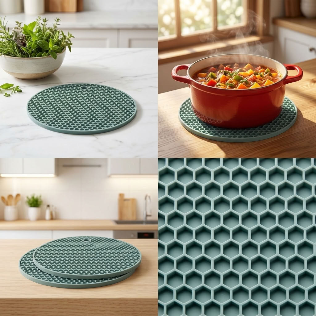 A collage showing a set of round silicone trivet mats in a muted teal-green color. The collage includes a top-left panel with a bowl of fresh herbs on a marble countertop, a top-right panel with a red Dutch oven on a wooden table with steam rising, a bottom-left panel showing two mats stacked on a wooden table, and a bottom-right panel showing a close-up of the textured honeycomb pattern.