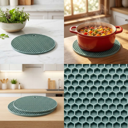 A collage showing a set of round silicone trivet mats in a muted teal-green color. The collage includes a top-left panel with a bowl of fresh herbs on a marble countertop, a top-right panel with a red Dutch oven on a wooden table with steam rising, a bottom-left panel showing two mats stacked on a wooden table, and a bottom-right panel showing a close-up of the textured honeycomb pattern.