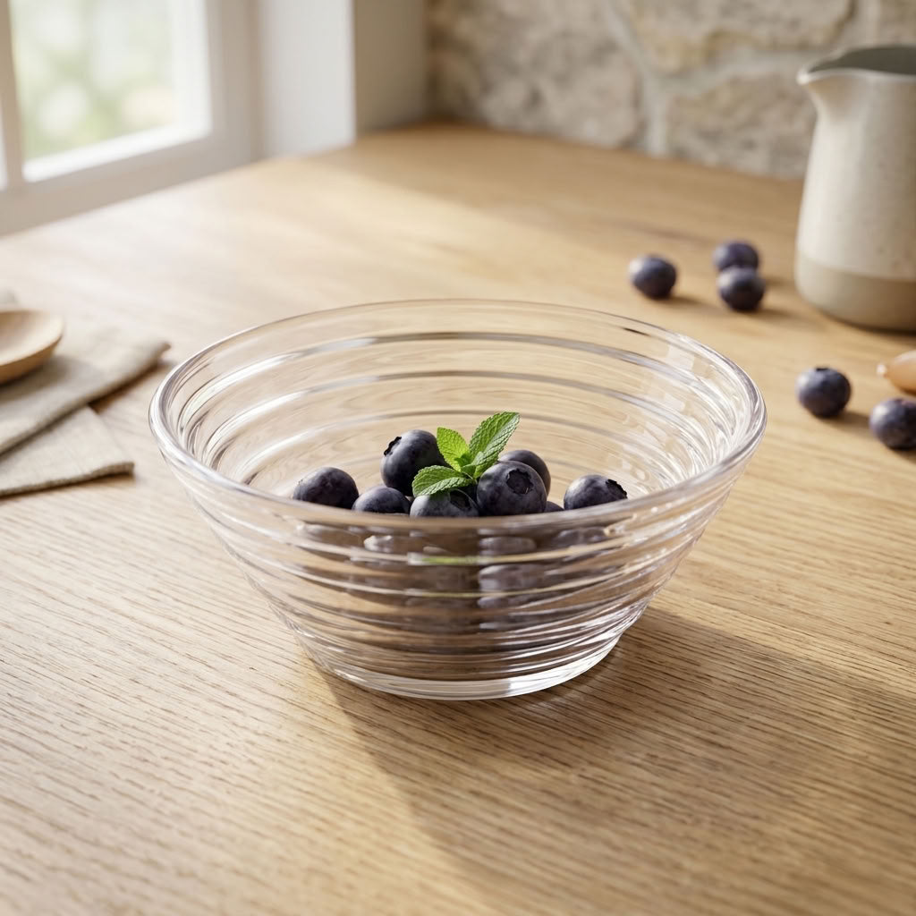A clear ribbed glass bowl filled with blueberries and a mint leaf, set on a light wood table in a bright kitchen setting.