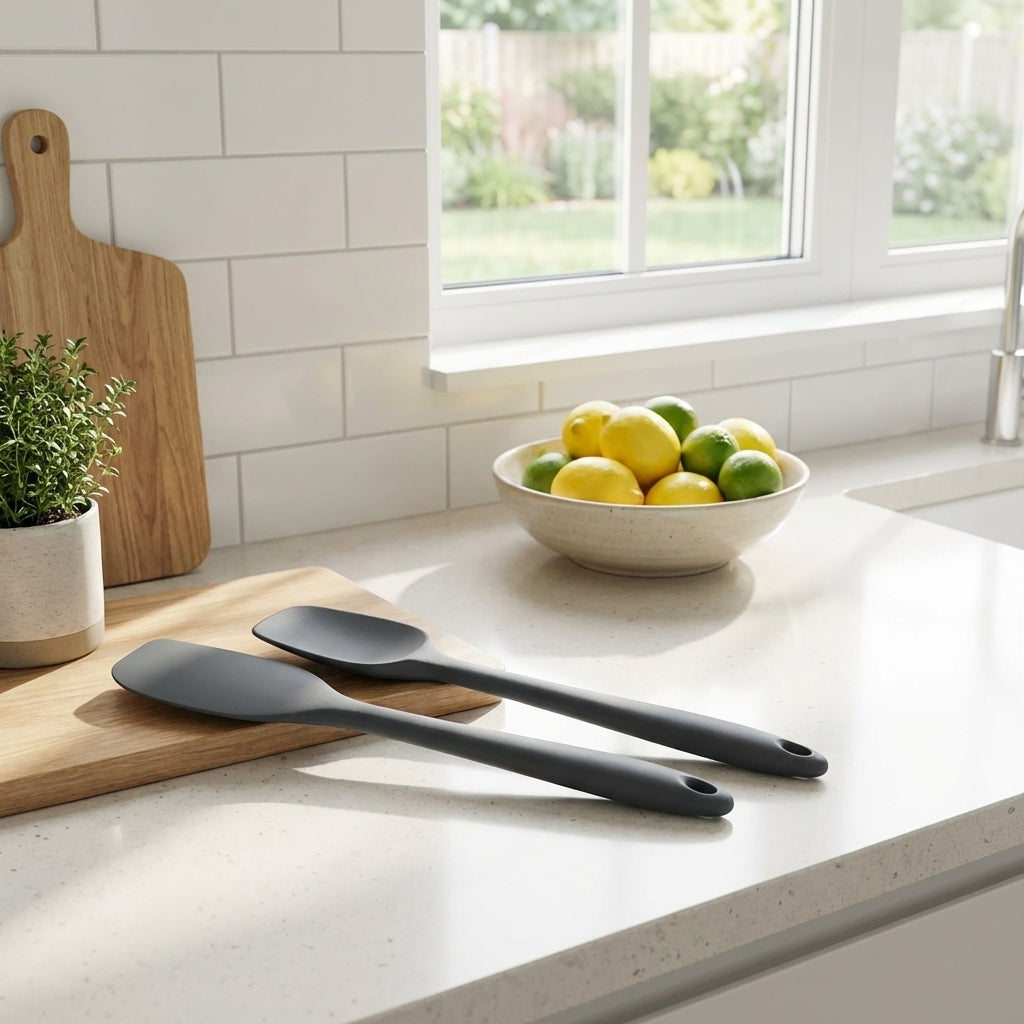 Black spatulas on a kitchen counter with a bowl of fruit and cutting board in the background.