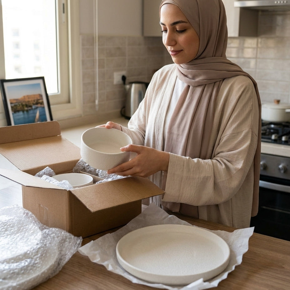 Woman in a kitchen unpacking ceramic items from a box