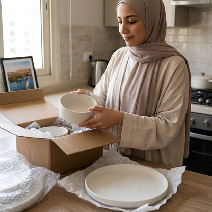 Woman in a kitchen unpacking ceramic items from a box