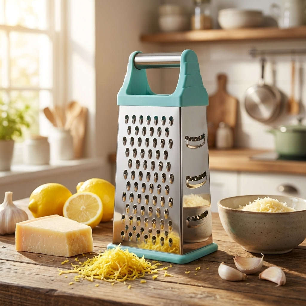 Box grater with shredded cheese on a kitchen counter