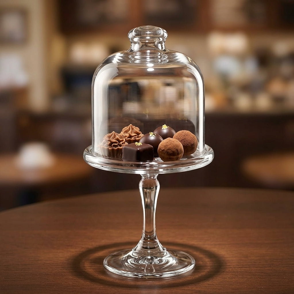 Glass dome with chocolate truffles on a wooden table