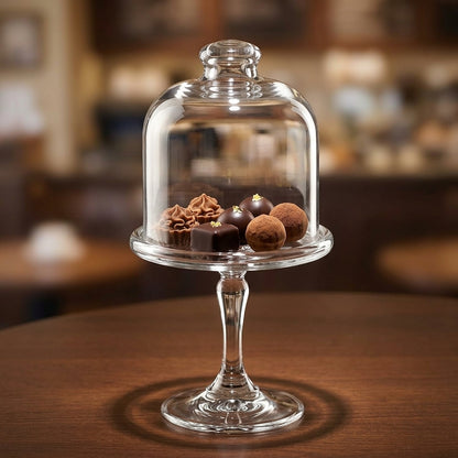 Glass dome with chocolate truffles on a wooden table