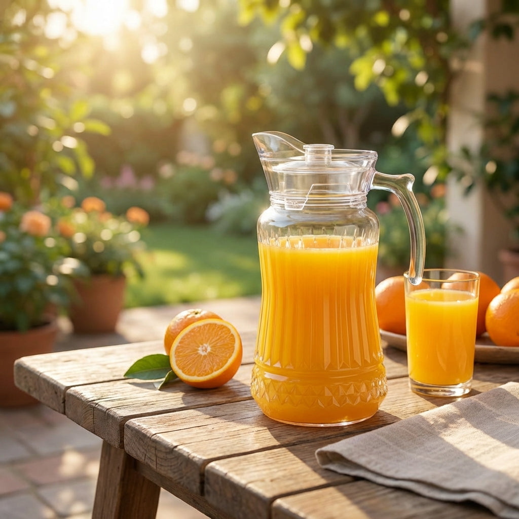 Clear glass pitcher and glass filled with orange juice on a wooden table outdoors.