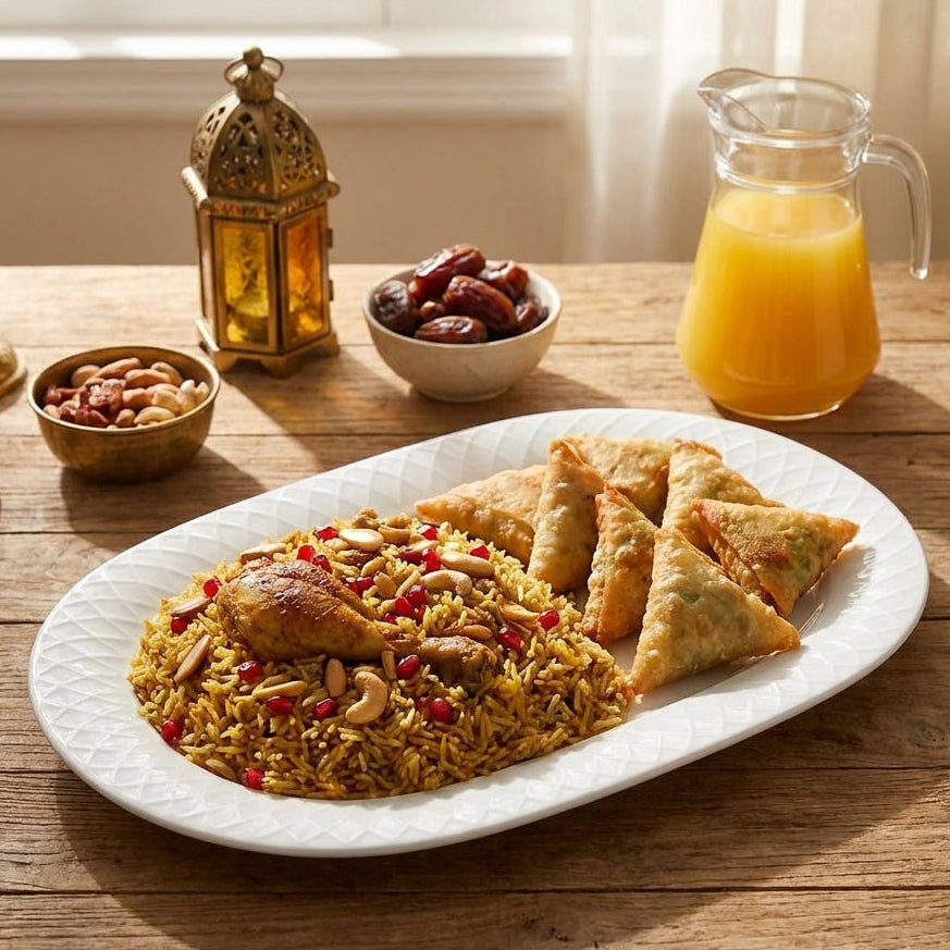 Plated dish of rice with chicken and samosas on a wooden table with a pitcher of orange juice and dates.