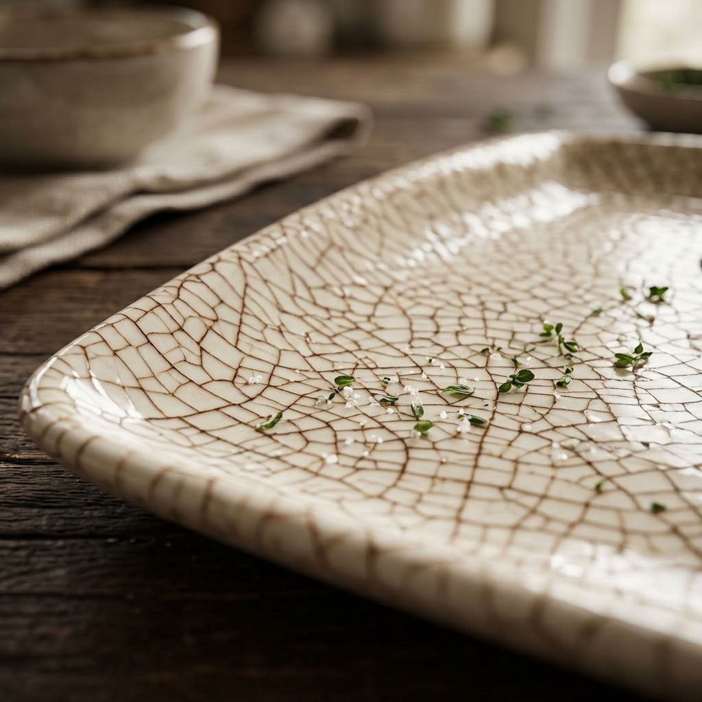 A square ceramic serving platter with a crackle glaze in warm cream and brown tones, shown on a rustic dark wooden table with herbs resting on its surface.