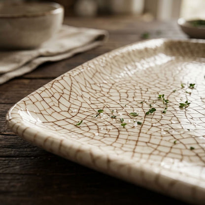 A square ceramic serving platter with a crackle glaze in warm cream and brown tones, shown on a rustic dark wooden table with herbs resting on its surface.