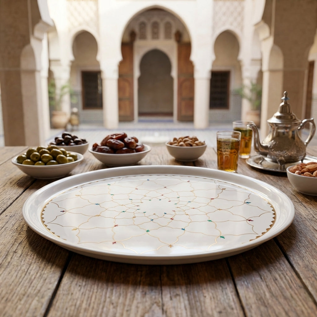 Tray with decorative patterns on a wooden table with olives, dates, and tea glasses in an outdoor setting.