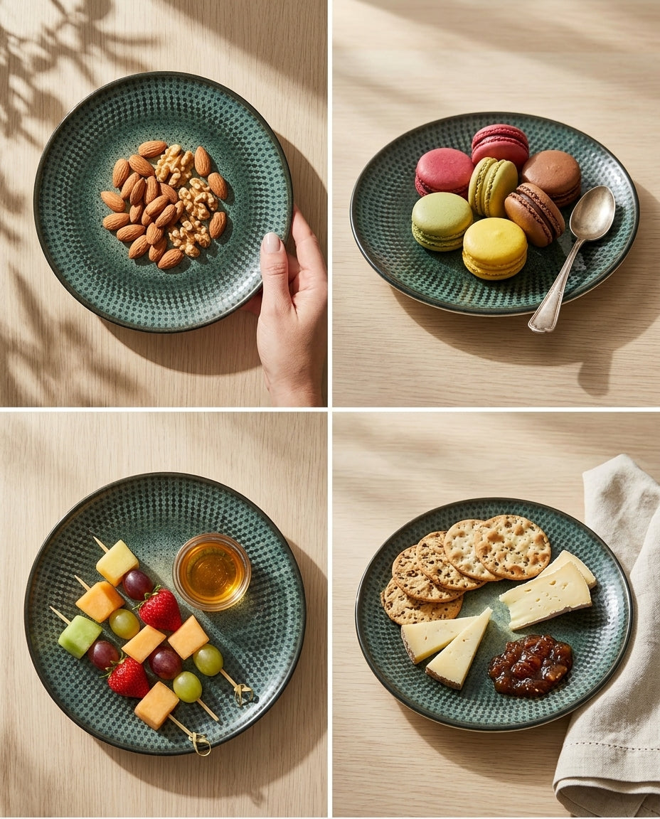 A 2x2 collage showing a dark green textured ceramic plate in four different serving scenarios: topped with almonds, macarons, fruit skewers, and crackers on a light wood table.