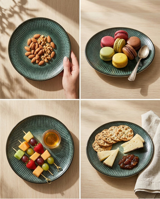 A 2x2 collage showing a dark green textured ceramic plate in four different serving scenarios: topped with almonds, macarons, fruit skewers, and crackers on a light wood table.