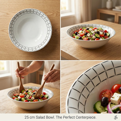 Collage of a white salad bowl with black grid pattern, filled with salad, and being used on a wooden table.