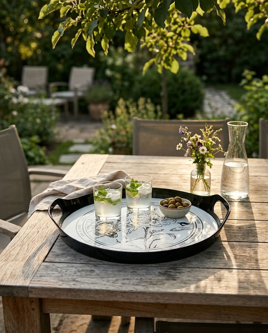 Black floral serving tray – afternoon tea styling