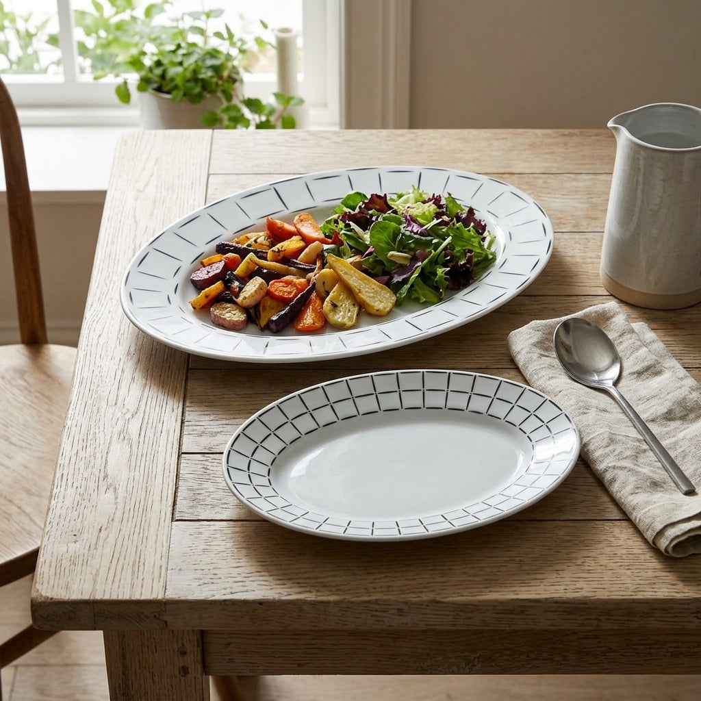Dinner setting with a plate of food on a wooden table, including a salad and roasted vegetables.