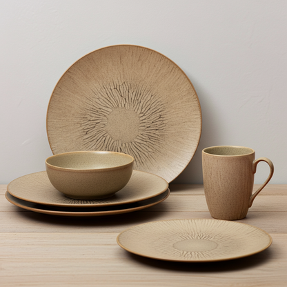 Ceramic dinnerware set with decorative plates, bowl, and mug on a wooden surface.