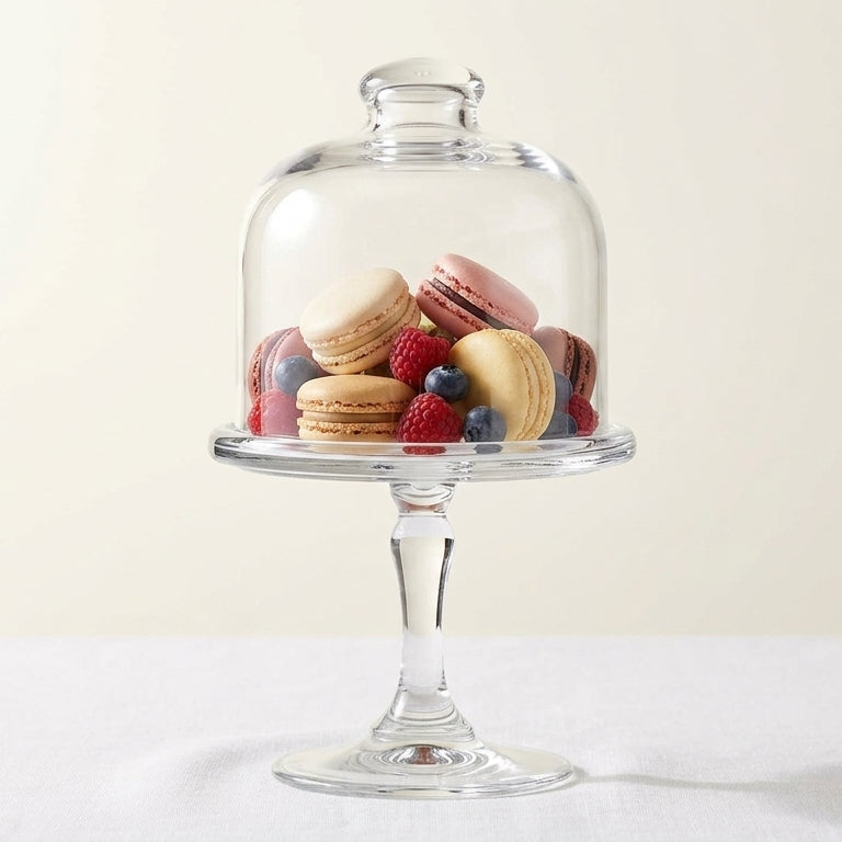 Glass dome on a pedestal with assorted cookies and berries inside, on a white background