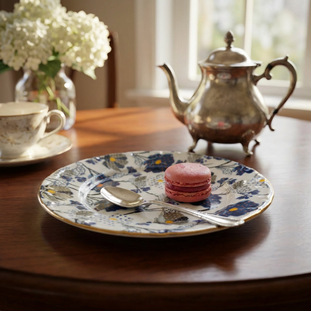 Tea set with teapot, cup, and cookies on a floral plate on a wooden table.