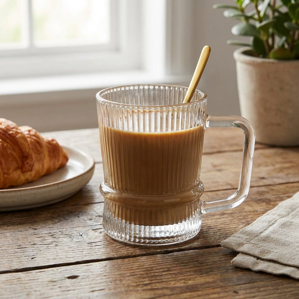 Clear glass mug with coffee and a croissant on a wooden table.