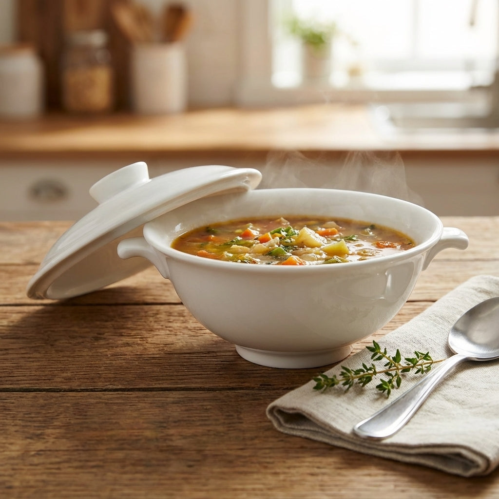 White bowl of soup with a lid on a wooden table, steam rising, kitchen setting.