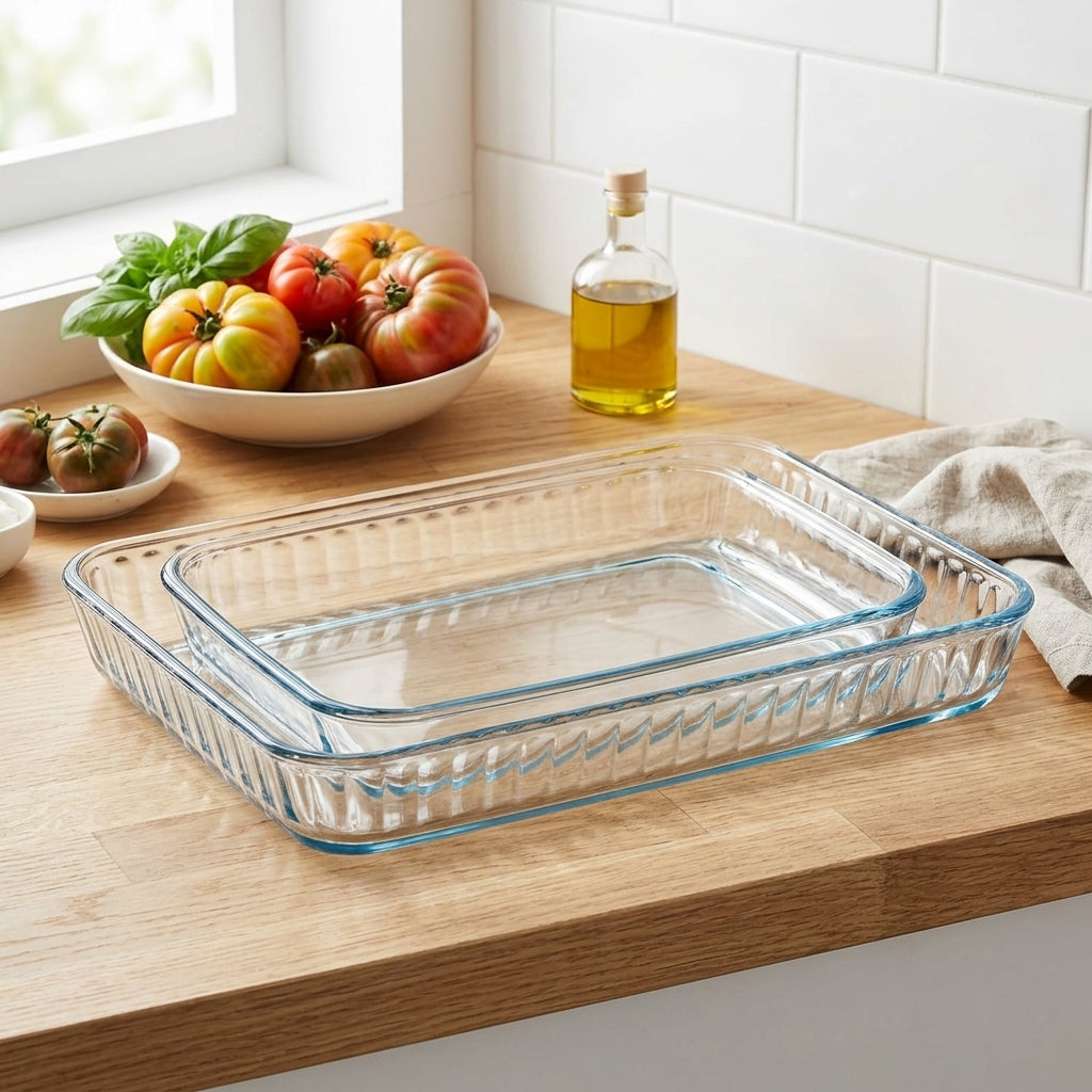 Clear glass baking dish on a wooden countertop with tomatoes and basil in the background.