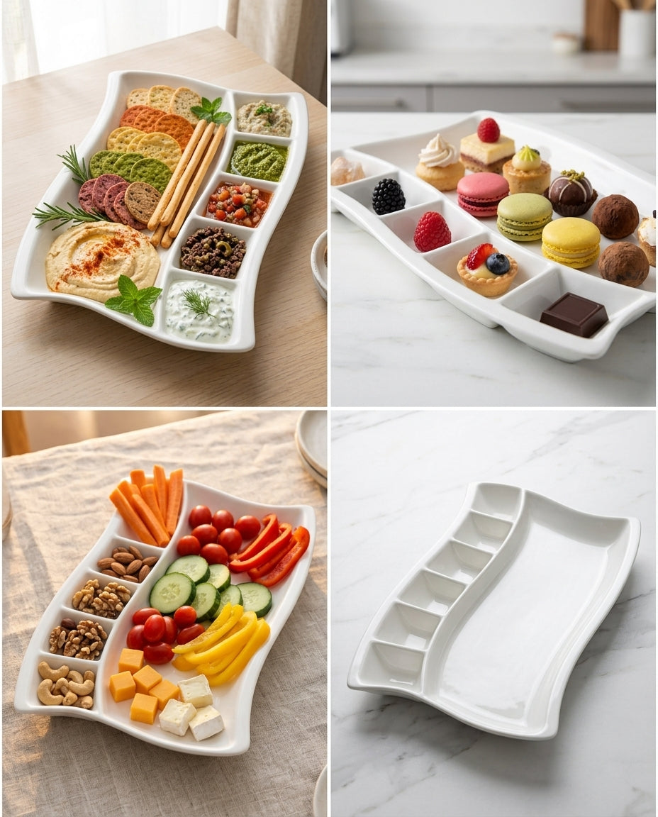 A collage showing a white ceramic divided serving platter in four panels: filled with a colorful appetizer spread on a wooden table, filled with assorted pastries and sweets on a marble surface, shown empty on a table, and shown empty on a marble countertop.