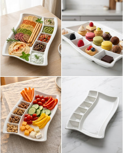 A collage showing a white ceramic divided serving platter in four panels: filled with a colorful appetizer spread on a wooden table, filled with assorted pastries and sweets on a marble surface, shown empty on a table, and shown empty on a marble countertop.