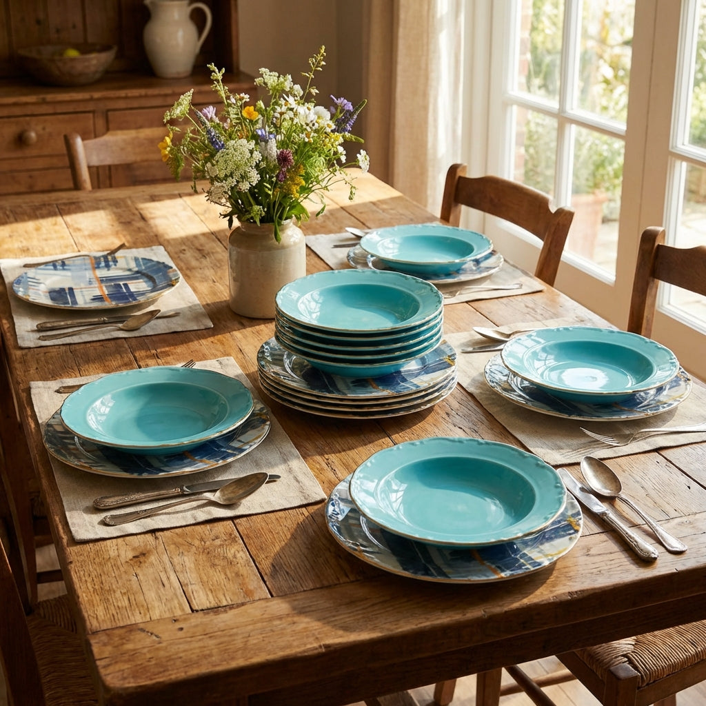 Dining table set with turquoise plates, silverware, and a vase of flowers in a sunlit room.