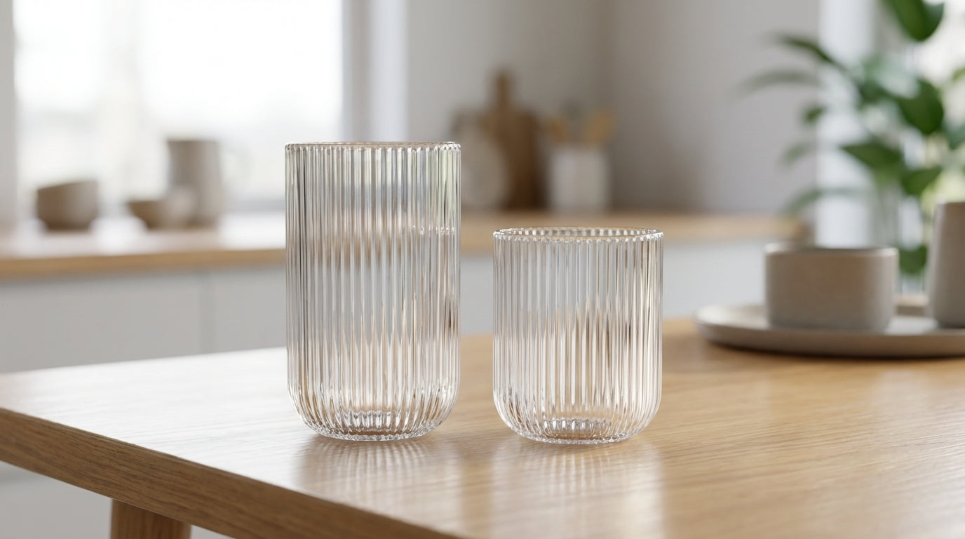 Two glass tumblers on a wooden table with a blurred kitchen background