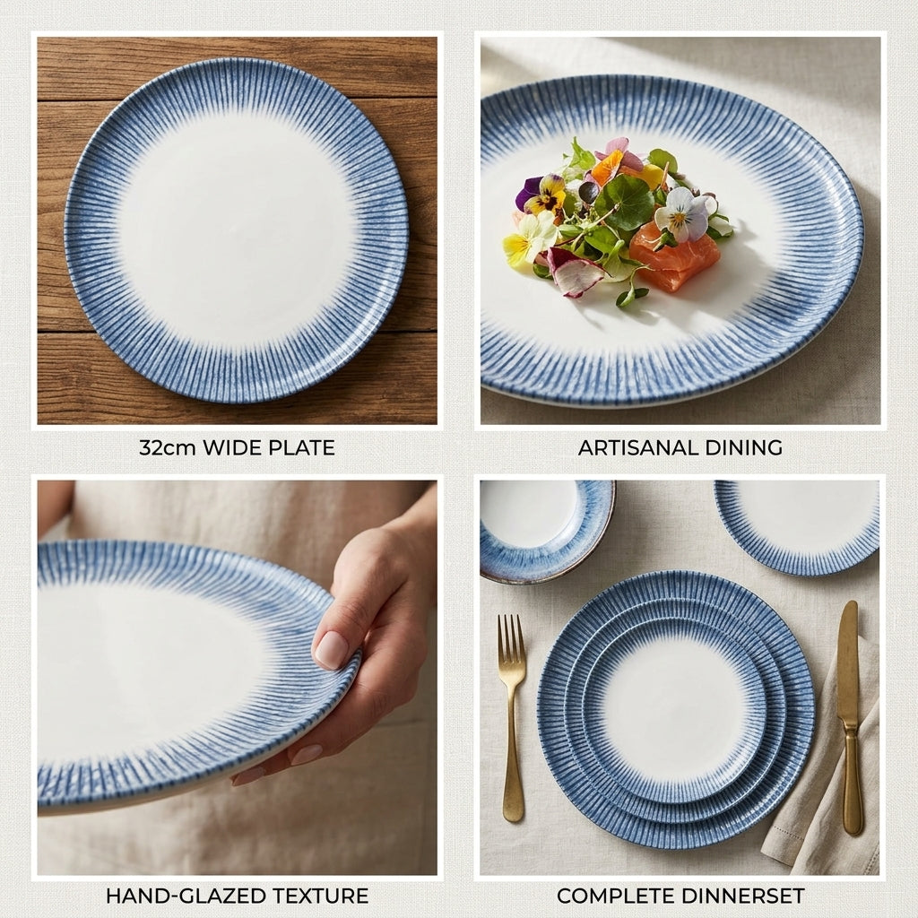 A 2x2 collage showing a blue-and-white dinnerware set: a wide 32cm plate on wood, the plate with a salad, a hand holding a plate to show the glaze texture, and a complete dinner set with stacked plates, fork, and knife.