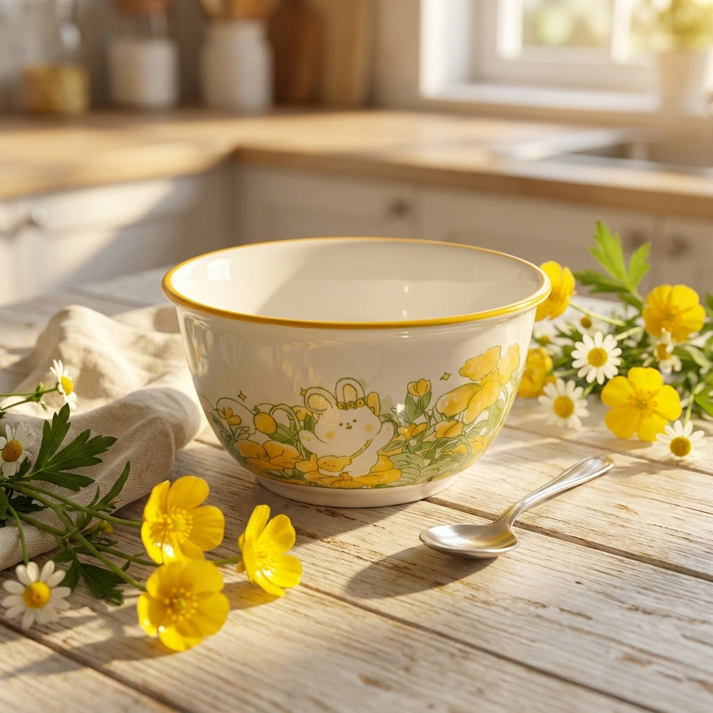 Decorative ceramic bowl with floral design on a wooden table with flowers and a spoon.