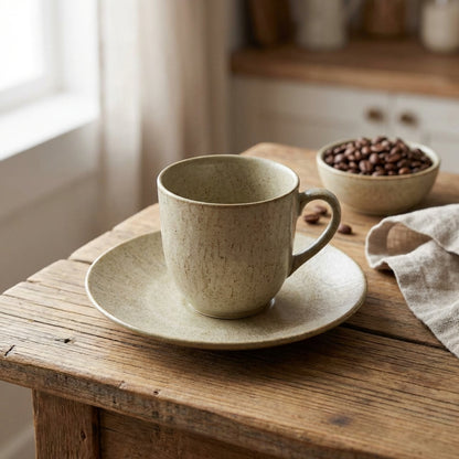 Ceramic cup and saucer on a wooden table with coffee beans in the background