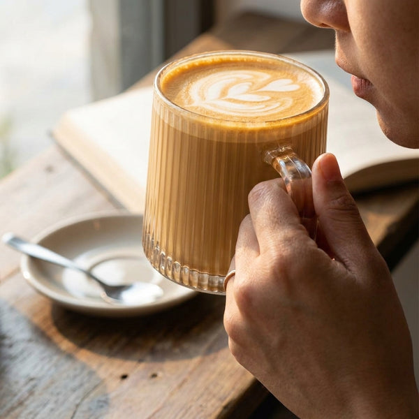 Person holding a glass of coffee with latte art on a wooden table.