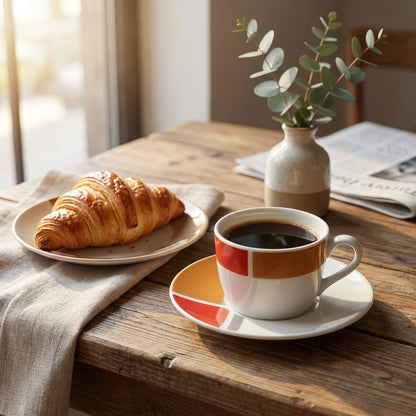 Cup of coffee with a croissant on a wooden table