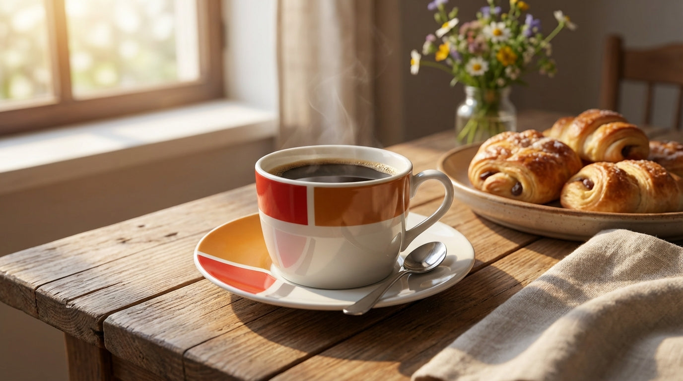 Steaming coffee cup on a wooden table with pastries and flowers