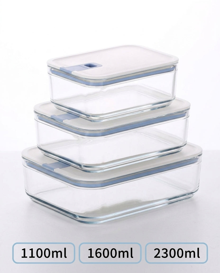 Three stacked clear glass storage containers with white lids and blue sealing rims, shown on a white background with capacity labels 1100ml, 1600ml, and 2300ml at the bottom.