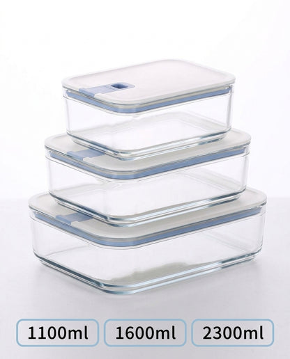 Three stacked clear glass storage containers with white lids and blue sealing rims, shown on a white background with capacity labels 1100ml, 1600ml, and 2300ml at the bottom.