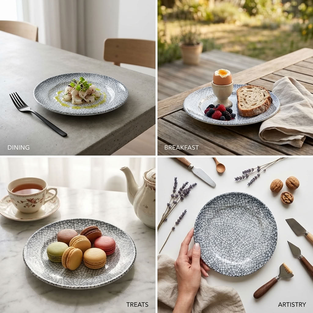 A four-panel collage showing a speckled ceramic plate in different real-world settings: dining on a concrete table, breakfast on a wooden outdoor table, tea and macarons on a marble surface, and the plate held by a hand on a white tabletop with kitchen tools.